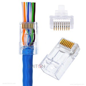 RJ45 23awg Cat6 Pass Through Connectors Gold Plated 8P8C Modular Ethernet UTP Network Cable Plug for Ethernet Cables