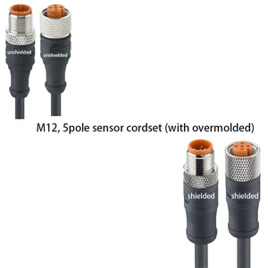 M12 5 Pin Male/Female DIN IP67 Shielded Sensor Cordset with PUR/PVC Overmolded Straight A-Coding Connector 4A Rated Black