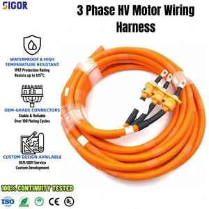 Custom 3 Phase HV Motor Wiring Harness Triple Flange Bulkhead Socket Pre Crimped OT Lugs EV MCU to Drive Motor AC Cable Assembly
