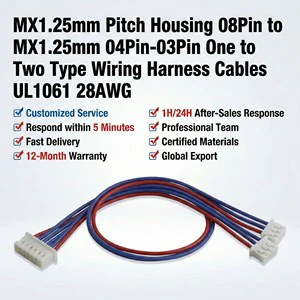 MX1.25mm Pitch Housing 08Pin to MX1.25mm 04Pin-03Pin One to Two Type UL1061 28AWG Wiring Harness Cables Robot Wiring Harness