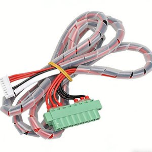 Custom Multi-Pin Wiring Harness with Spiral Wrap, White Connector & Green Terminal Block for Industrial Control & Automation