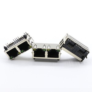 JISJACK 5JA LED Shielded Modular RJ45 Female Ethernet Connectors 8P8C 4-Port Copper Alloy Panel Mount 48x15.75x13.1mm Right