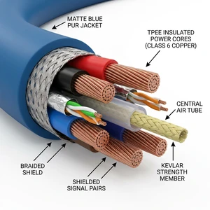 PrimePro Robotics Hybrid Cable 10M Bending Cycles, Power+Signal+Air Integrated, Class 6 Copper PUR Drag Chain for 6-Axis Robot