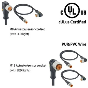 CULus Certified DIN M8 M12 Sensor Actuator Cable PUR PVC Waterproof IP67 3-8 Pin Straight Angled Connector 250V Custom Length