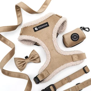 Factory OEM Custom Luxury Winter Warm Dog Harness Set Suede Fleece Vest Dog Leash Adjustable Soft Bowtie Walking Pet Harness