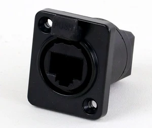 Black Waterproof RJ45 Socket, D-Type Panel Mount with PUSH Latch, Industrial Grade Ethernet Connector