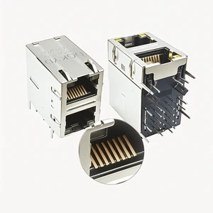 RJ45-Series Network Female Modular Jack Ethernet Socket 2x1 Port Connector with Yellow/Green LED PA46 Polyester Housing