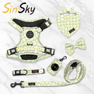 SinSky Flower Print Designer Dog Harness Collar And Leash Set Luxury Adjustable No Pull Custom Pet Dog Harness Set With Handle