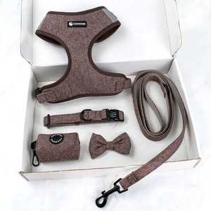 OEM Custom Tweed Dog Harness Leash Collar Set Pet Harness Set Reflective No Pull Walking Vest With Poop Bag Holder
