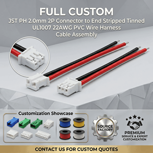 Full Custom JST PH 2.0mm 2P Connector To End Stripped Tinned UL1007 22AWG PVC Wire Harness Cable Assembly