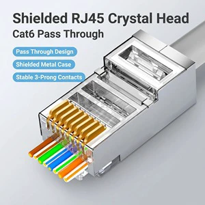 100pcs Shielded RJ45 CAT5 CAT6 Pass-Through Connectors Gold Plated 3 Prong 8P8C 1.1mm