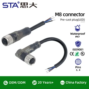 M8 Illuminated LED PNP Waterproof Connector 3 4 Pin Straight 90° Angled Male/Female Aviation Plug Cable PVC TPU 1M 5M 10M