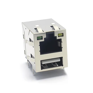 AK Electronics 2X1Port RJ45 + USB2.0 Female Modular Right Angle Dip PCB Mount Gigabit Networking Connector with 2-Year Warranty
