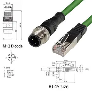 Durable 4-Pin 8-Pin Waterproof M12 D Coded A RJ45 Connector Ethernet Cable Assembly High Flexibility Cat6 PVC IP67 RJ45 Female