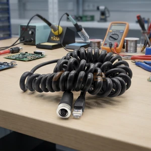 M12 Female 8 PIN To RJ45 Male Coiled Cable A-Coded PUR Spiral Adapter IP67 Industrial Ethernet Sensor Cord Wire Connections
