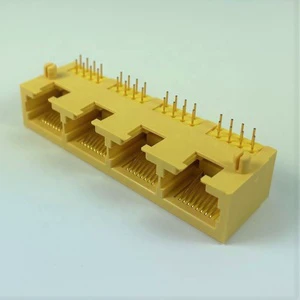 1X4 Port RJ45 Female Ethernet Connectors Yellow RoHS & ELV Compliant Solder/Press Fit Termination PA46 Housing Side/Top Entry