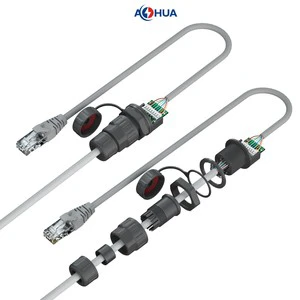Aohua Assembly L/T Type 3-ways Splitter 90/180 Degree Panel Type Waterproof RJ45 Connector IP67 with Ethernet Cable for Cat5e