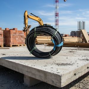Construction site with coiled black industrial 6m cable on concrete slab heavy machinery building materials