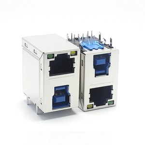 AK Electronics OEM Factort Network RJ45 + USB2.0 B Female Modular Connector 8P8C 2 Ports 17-Core Gigabit PCB Jack Mount Gold