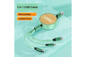 Retractable Multiple 3 In 1 USB Charging Cable Multi-Function Eco-Friendly Bamboo Charging Cord For Gift and Phone