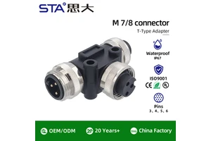 7/8 Waterproof T Adaptor IP67 NMEA2000 3 4 5 6 Pin Male Into Female One Into Two M12 Turn 7/8 Industrial Splitter Connector