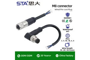 M8 IP67 Waterproof Connector Metal Interface Straight /Right Angled Male Aviation Plug Molding Cable 3 4 Pin 5B Code 1M 2M 5M