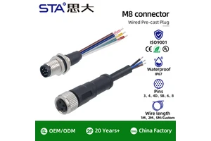 Customized M8 Aviation Plug Straight/Right Angle Male/Female Injection Mold Cable Connector 3 4 5 6 8 Pin PVC TPU 1M 2M 3M 5M
