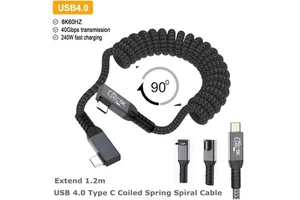 90-Degree Angle USB 4.0 Type C Coiled Cable, Bidirectional 40Gbps, 240W PD Charging, 8K 60Hz Video Spring Spiral Cord