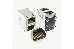 RJ45-Series Network Female Modular Jack Ethernet Socket 2x1 Port Connector with Yellow/Green LED PA46 Polyester Housing