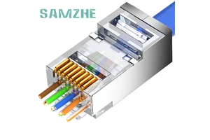 SAMZHE 10Pcs Gold Plated 3u" CAT6 Shielded Pass Through RJ45 Connector 8P8C Copper Shell Modular Plug for 23-26AWG Cable 1.10mm