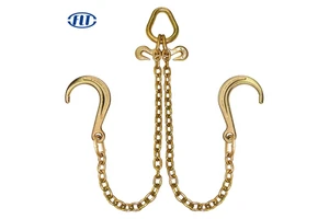 Yellow Galvanized G70 Welded Towing Chain V Bridle With 8 Inch And 4 Inch J Hooks And Alloy T Hooks FLT Brand Model 3/8" 5/16"