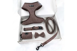 OEM Custom Tweed Dog Harness Leash Collar Set Pet Harness Set Reflective No Pull Walking Vest With Poop Bag Holder