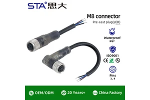 M8 Illuminated LED PNP Waterproof Connector 3 4 Pin Straight 90° Angled Male/Female Aviation Plug Cable PVC TPU 1M 5M 10M