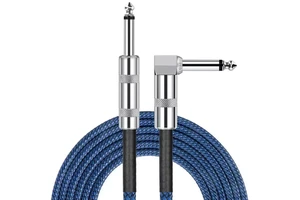 Custom 90 Degree Right Angle 1/4'' 6.35mm TRS to Straight 20 Ft Blue Yellow Optional Color Tweed Braided Guitar Instrument Cable