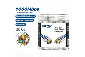 ZoeRax Cat6 Pass Through RJ45 Modular Plug, UTP Connector for Solid & Stranded Ethernet Cable, 100Pcs Per Bag