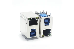 AK Electronics OEM Factort Network RJ45 + USB2.0 B Female Modular Connector 8P8C 2 Ports 17-Core Gigabit PCB Jack Mount Gold