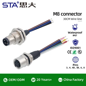 Sensor M8 Aviation Plug 3 4 5 6 8 Core Flange Seat Panel Male Female IP67 Waterproof Connector with 30cm Cable