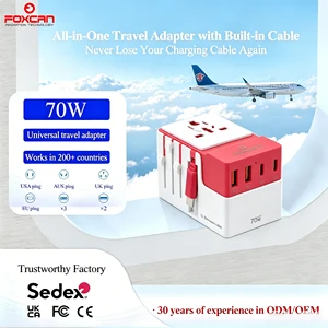 Foxcan GaN 70W Fast Charging 3USB-C+2USB-A Fireproof All-In-One Multi-Plug Travel Adapter Cable PD QC3.0 Laptop/Earphones/Camera