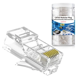 Bag of 100pcs 8 Pin Copper RJ45 Modular Plugs Connector for Cat5e Cat6 Solid or Stranded UTP Cable Ethernet Rated PC Housing