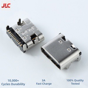 Stock USB C 16 Pin Female Connector SMD Type-C Socket Stainless Steel Shell Copper Alloy Contacts 3A 5V PD Power Jack Wire