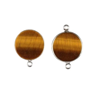 12mm Coin Natural Brown Yellow Tiger Eye Gemstone Bezel Sterling Silver Rhodium Charms Connector Pendant Necklace Bracelet Gift