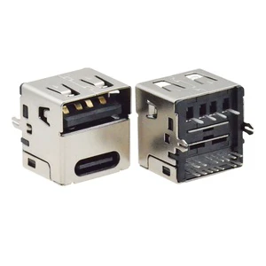 2 in 1 Connector, Type-C 14P Female + USB 2.0 a Female, 180 Degree Fork Type Connector Plug