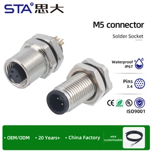 M5 Waterproof Connector 3 4 Core Flange Welding Wire Socket Front Back Panel Male Female Aviation Plug Lock Panel with Wire 30CM