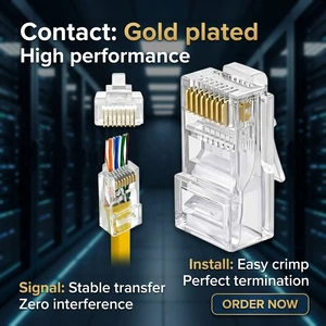 Cat6 Cat5e UTP RJ45 Connector 50U Gold Plated 8P8C Modular Plug 3 Prong Unshielded Ethernet Connector for Lan Cable 100pcs