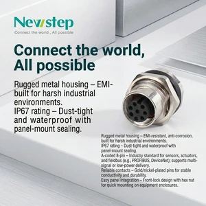 M12 Connector 8 Pin Waterproof IP67 Panel Mount Female Receptacle Screw Lock A Code Industrial Circular Connector
