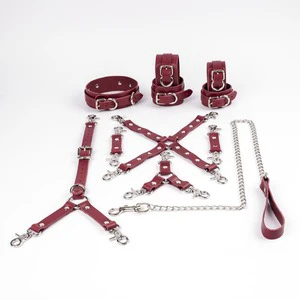 BDSM-0026 11-Piece Kit Cowhide Leather Wrist Ankle Cuffs Back Belt Restraint Leash Two Four-Way Connector Bondage Gear