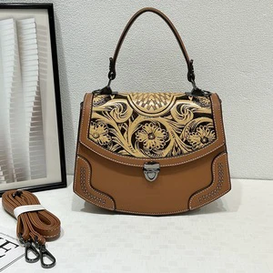 Vintage Embossed Floral PU Leather Saddle Crossbody Bag Women Flap Top Handle Shoulder Purse