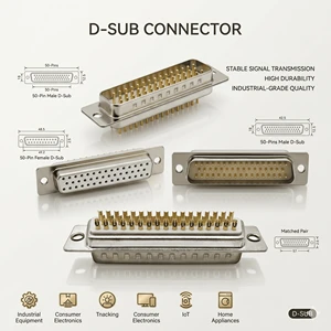 D-Sub DB50 Machined Pin Connector, Solder Type, Male & Female PBT Gold-Plated High-Performance Industrial/IoT Connector