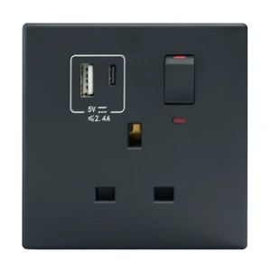 High Quality Customized Black 1gang 13a Switched Socket with Indicator and USB A+c