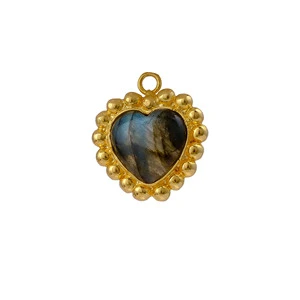 Handmade Trendy 18K Gold Plated Brass Labradorite Heart Pendant Charm Beaded Edge Gemstone Connector Necklace Bracelet Unisex